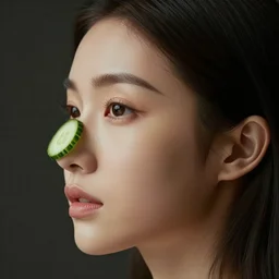 young woman face profile with cucumber shaped nose