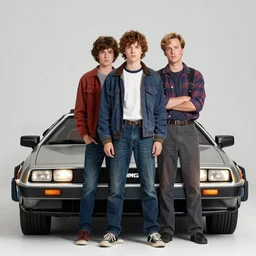 photo of eleven (stranger things) and Marty mcfly standing next to the delorean (back to the future), real life, fire trails behind tires, movie poster, photoshoot, hyper realistic, extreme detail, masterpiece