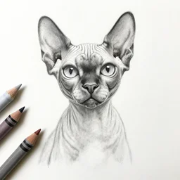 happy sphynx cat, pencil sketch, soft crayons, monochrome,