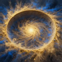 highly detailed portrait of a semicircular bounded space surrounded by golden and blue magic powder, ultra wide angle, finer details : 3, by ian fisher and greg rutkowski, trending on artstation.