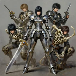 full body girl metal armor look's like bones gunsword dynamic poses painting byby gaston bussiere, greg rutkowski, yoji shinkawa, tsutomu nihei, tim hildebrandt, sharp, details, hyper detailed, hd, 8 k