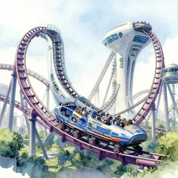 futuristic industrial roller coaster, watercolor by moebius and clamp, backlighting, vibrant palette, highly detailed