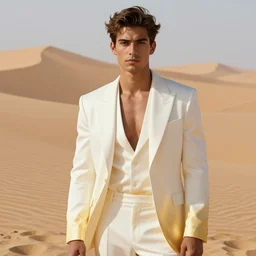 full figure beautiful young fit dark skin man, dressed with expensive clothes, luminous scene, by greg rutkowski and alphonse mucha, d & d character, gradient white to gold, in front of a dune desert background, highly detailed portrait, digital painting, artstation, concept art, smooth, sharp focus illustration, artstation hq