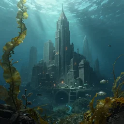 rapture bioshock, city at sea floor, water, submerged, seaweed, fish, realistic, detailed