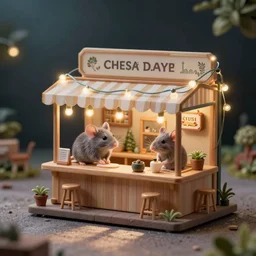mini cafe for mice diorama macro photography, ambient, atmospheric photograph, string lights