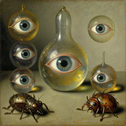 strange painting by christian rex van minnen, enticing colorful oil painting dutch golden age vanitas eyes everwhere still life sparse composition with bulbous objects strange transparent surfaces shiny metal reflections bizarre mutant meat insects rachel ruysch dali todd schorr very detailed perfect composition rule of thirds masterpiece canon 5 0 mm, cinematic lighting, photography, retro, film, kodachrome