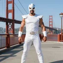 Miami Vice themed luchador event on the Golden Gate Bridge; Luchador costume; miami Vice; colors; graphic art; vector graphics; masterpiece illustration; graphic art comic; clean details; luchador ring and characters; Miami Vice neon; neon lights on the luchador costumes with Miami Vice colors;