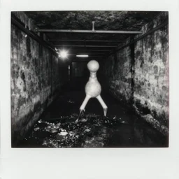 an unknown 2 - legged anamorphic entity on an underground long sewer with toxic waste all around and black water, black and white 1 9 5 0 polaroid photography with flash light, grainy film, flash light