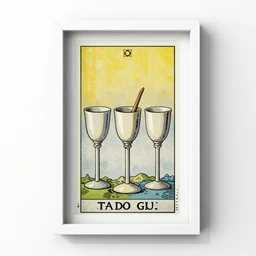 three of cups tarot card as drawn by studio ghibli, whole card, white frame, concept art, printable, detailed, 8k, illustration