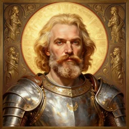 masterpiece head - on symmetrical centered painted portrait, vladimir lenin as a holy warrior, blonde hair, holy light halo, glorious, wearing full metal armour, elegant, distant, in the style of ruan jia and artgerm and edgar maxence and ross tran and michael whelan and mucha, 8 k, octane render