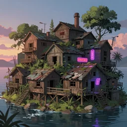 a beautiful very detailed anime illustration of urbex village abandoned shipbuilding wooden warehouse building by odile decq, reclaimed by nature architecture island at dawn vaporwave darkacademia dramatic lighting retrowave lightpaint neon signs magic realism, archdaily, wallpaper, highly detailed, trending on artstation.