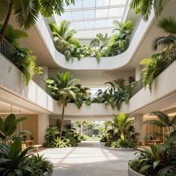 The atrium of a refurbished contemporary building filled with tropical plants, 4k, octane render, vray render, 3ds max, concept art