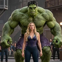Margot Robbie as real-life Hulk, cinematic, Wide-shot, atmospheric lighting, directed by Quentin Tarantino, extreme detail, 8K, movie still