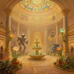 a minimalist oil painting by donato giancola, warm coloured, cinematic scifi bioluminescent luxurious futuristic foggy steam filled victorian garden circular shopping mall interior with microscopy stained glass flowers growing out of pretty bulbous ceramic fountains, gigantic pillars and flowers, maschinen krieger, beeple, star trek, star wars, ilm, star citizen