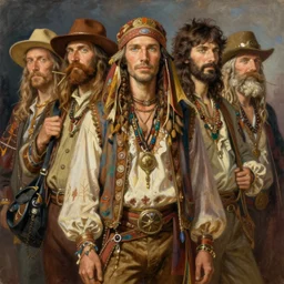 portrait of vintage hippie men traveler greg manchess painting by sargent and leyendecker, studio ghibli, fantasy, medium shot, asymmetrical, intricate, elegant, matte painting, illustration, hearthstone, by greg rutkowski, by greg tocchini, by james gilleard, by joe fenton