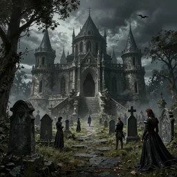 A fancy landscape of a Medieval Graveyard by Greg Rutkowski, Sung Choi, Mitchell Mohrhauser, Maciej Kuciara, Johnson Ting, Maxim Verehin, Peter Konig, Bloodborne, 8k photorealistic, cinematic lighting, HD, high details, dramatic, dark atmosphere, trending on artstation