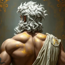 painted back portrait of rugged zeus greek god by greg rutkowski craig mullins artgerm alphonse mucha, sprayed gold paint, white hair handsome muscular upper body mature flowing robe [ ancient greek motifs ] background fantasy intricate elegant detailed digital painting concept art artstation sharp focus illustration