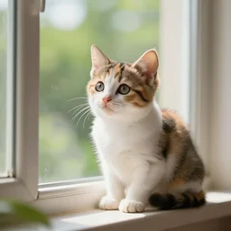 cute calico kitten looking out of the window on a [ [ [ [ [ beautiful ] ] ] ] ] ] summer day, featured on artstationg, gorgeous!!!