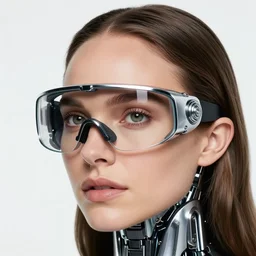 photo of young Natalie Portman, close up, wearing futuristic glass and metallic chrome goggles, robotic implants over neck with small led lights, white background, fine art photography in the style of Bill Henson