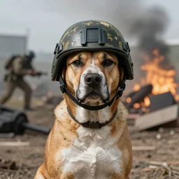 photorealistic dog wearing a military helmet in a war zone