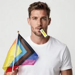 “Andrew tate holding a pride flag with a pineapple flavoured vape in his mouth photorealistic.”