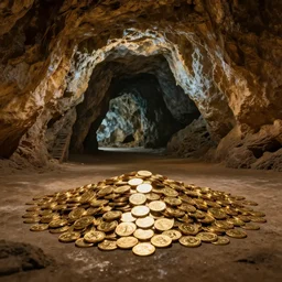 a pile of gold coins on the floor of a huge cave
