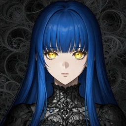 rimuru, gold eyes, long blue hair, anime girl, bangs, gothic, anime character, noir, screenshot, anime, sharp focus, intricate, illustration, cell shaded, digital painting, highly detailed, concept art, matte, art by ilya kuvshinov, wlop, fractals, greg rutkowski, studio quality, james jean, artem demura