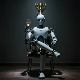 Focused light from above falling on a Robot sitting on a chair with one leg crossed over the other holding a glass of wine in one hand with a trophy wall behind them, moody, spotlight, horror, sci-fi