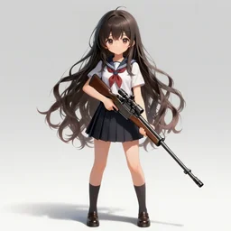 anime, full body, cute, female, a cute girl wearing a school uniform and holding a sniper rifle, long wavy hair, light and shadow effects, highly detailed, digital painting, art station, sharp focus, high quality, frontal view, illustration, concept art, wlop