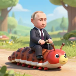 Vladimir Putin riding a caterpillar in wonderland, sunny, atmospheric