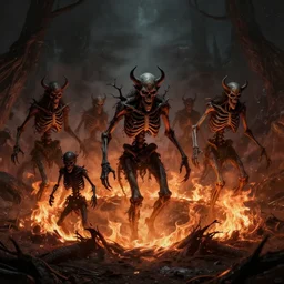 photograph of skeletal creepy demons entering through a burning portal in the ground, portal in the ground, dark figurings, horror art, concept art