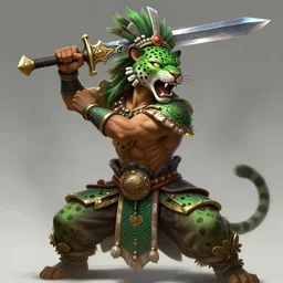 a highly detailed illustration of fierce young aztec jaguar warrior boy wearing green jaguar mane, heroic roaring wielding aztec sword pose, muscular, intricate, elegant, highly detailed, centered, digital painting, artstation, concept art, smooth, sharp focus, league of legends concept art, wlop