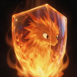 closeup translucent fire shield with a fiery creature behind it, black background, eyvind earle, studio ghibli painting, cinematic lighting, volumetric lighting, smooth, sharp focus, highly detailed, render in unreal engine 5, artstation, deviantart, behance, trending, epic composition, octane, light rays, award - winning