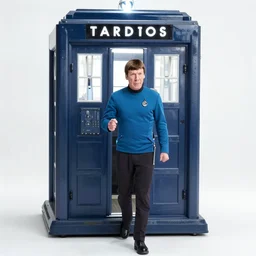 photo of mr spock blue uniform exiting the tardis, cinematic, movie still