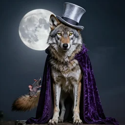 Tall emaciated man wolf hybrid, covered in matted fur, he has yellow wolf eyes, a long bent rat like tail, long coyote like ears, and is Wearing a purple velvet cape with a silver Top Hat, Atmospheric Full Moon, highly realistic, Rick Baker style, photoreal, photograph in the style of Annie Leibovitz
