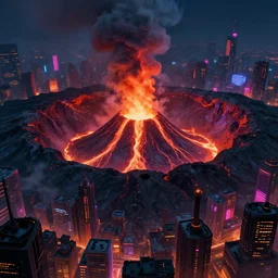 a cyberpunk city in the crater of a volcano, lava flowing, smoke, fire, neon, industrial, by paul lehr, jesper ejsing