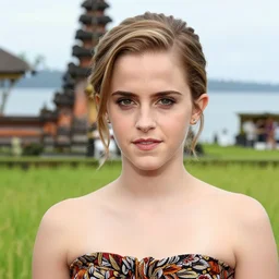 emma watson wearing batik bali in bali. temple, lake, rice field, ocean. front view. instagram closeup holiday photo shoot, perfect faces, beautiful, light