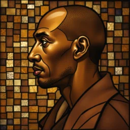detailed portrait of ksi, profile view, side view, lebanese man, 4 5 years old, brown coat, shaved head, slight stubble, stained glass art, by alphonse mucha, brown mosaic background, very masterful, no artifacts