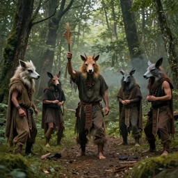 forest pagan ritual with people with animal masks by andrews, esao, digital art