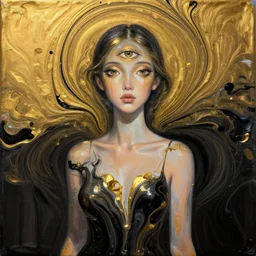 liquid marble acrylic fluid paint, portrait, golden and black liquid materials, abstract art, beautiful female model standing, face with 3 eyes, semi realism, surreal