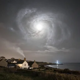 a beautiful double exposure of the astronomy picture of the day, nebula, with a rural seaside village landscape at night, soft white light, neutral light, cool tones, chimney smoke, distant lighthouse, long exposure clouds