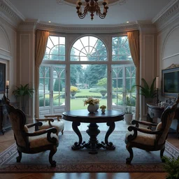 a victorian living room, garden view, clean architecture, intricate royal chairs and a dark brown wooden baroque round table, tv screen, some fresh plants, night time, soft light, peaceful, 8 k octane render