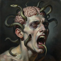 an oil on canvas painting of a screaming decapitated man's partially decomposing face with many biting serpents swarming out of his exposed brain, a surrealist painting, polycount, surrealism, surrealist, lovecraftian, cosmic horror, ultra - detailed