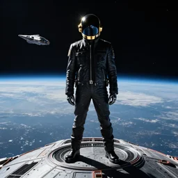 Daft Punk standing above a spaceship in space, spaceship seen from far away, realistic, high quality