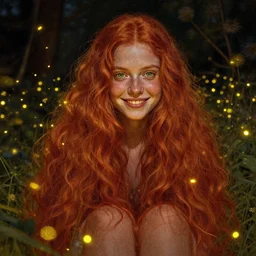 infp young woman, smiling, golden fireflies lights, sitting in the midst of nature fully covered, long loose red hair, intricate linework, green eyes, small nose with freckles, oval shape face, realistic, expressive emotions, dramatic lights mystical scene, hyper realistic ultrafine art by michael cheval, jessica rossier, boris vallejo, artgerm