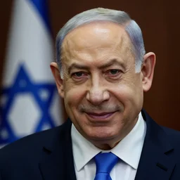 A portrait of Benjamin Netanyahu grinning, ominous atmosphere