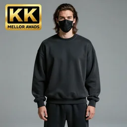 professional digital art of a young adult man with slightly long hair wearing a black face mask and an oversized dark sweatshirt and dark sweatpants, high quality, HD, 8K, highly detailed, award-winning, sci-fi, fantasy, movie