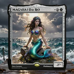 a merfolk female creature on a jetty surrounded by a rough sea, in the style of magic the gathering