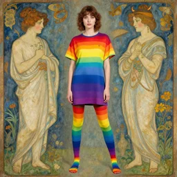a woman wearing rainbow leggings and a rainbow tunic by artgerm and greg rutkowski and alphonse mucha