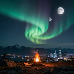 ignis fatuus, aurora borealis, mountains in the distance, multiple moons, future city